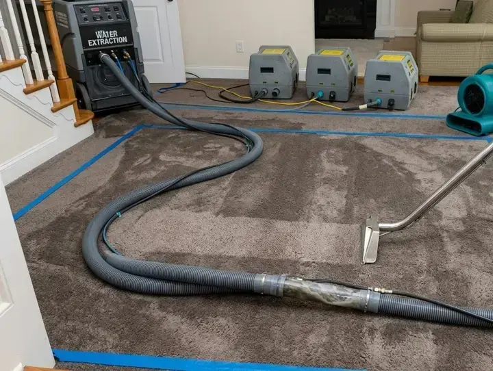 A carpet extraction wand, air movers and dehumidifiers set up in a living room, water damage restoration in Brookline, MA