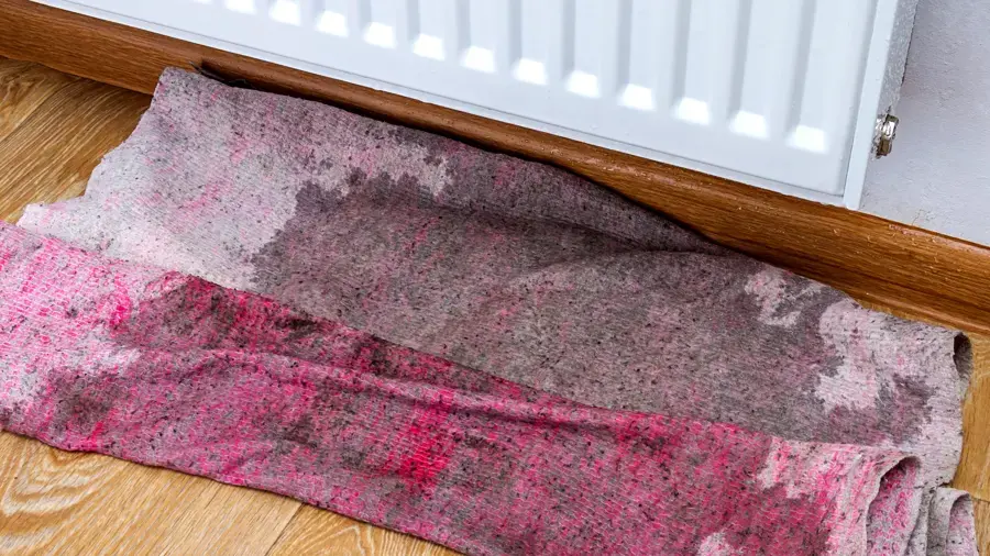 A wet towel soaking up water on a wood floor below a radiator, water damage restoration in Brookline, MA