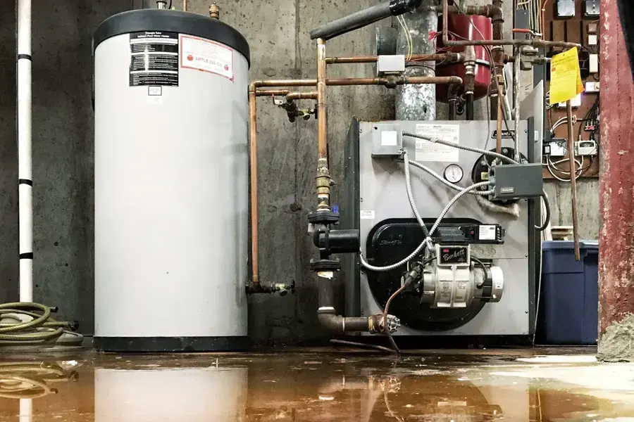 A boiler and an indirect water heater standing in water on a basement floor, water damage restoration in Brookline, MA