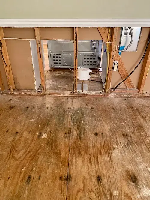 A wall opened at floor level above a water-stained plywood subfloor, water damage restoration in Brookline, MA