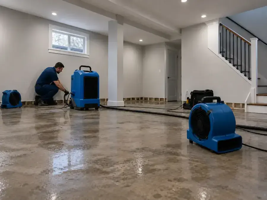 A technician setting air movers and a dehumidifier on a wet basement floor, water damage restoration in Brookline, MA
