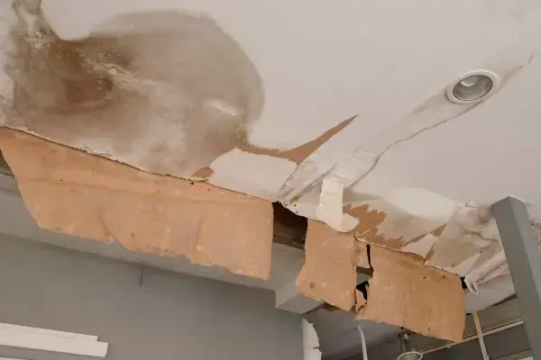 Water-stained ceiling drywall sagging and torn open below a leak, ceiling leak water damage in Brookline, MA