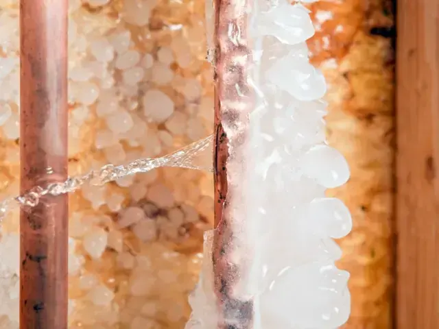 Ice on a copper supply pipe inside an insulated wall cavity, frozen pipe burst cleanup in Brookline, MA