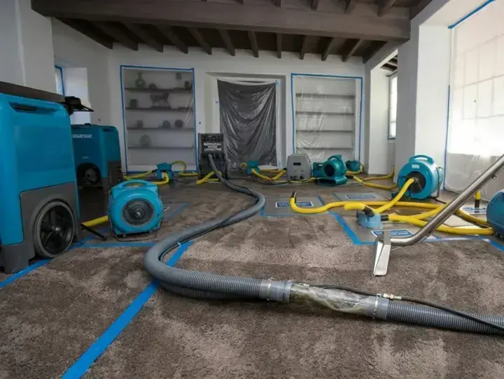 A carpet extraction wand pulling water from a taped-off room with air movers running, water extraction in Brookline, MA