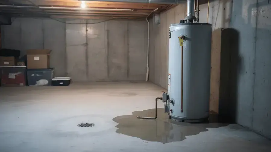 Water spreading across a basement floor from the base of a water heater, water heater leak cleanup in Brookline, MA