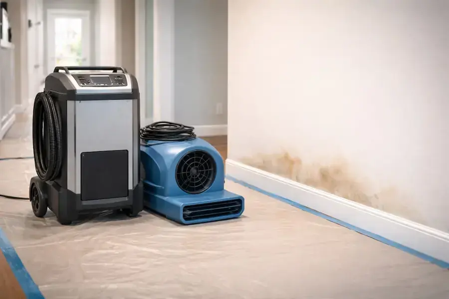 A dehumidifier and an air mover set on a protected floor beside a water-stained wall, water damage restoration in Brookline, MA